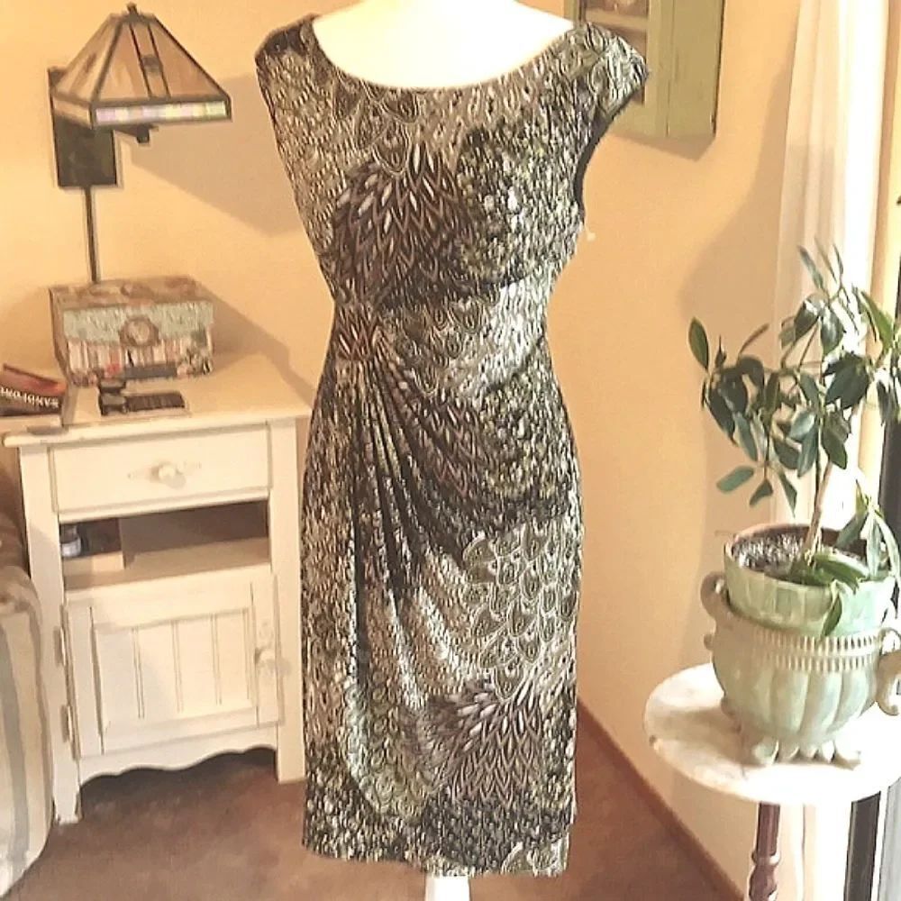 Connected Feather and Peacock Soft Knit Dress. Career, Professional, Boho